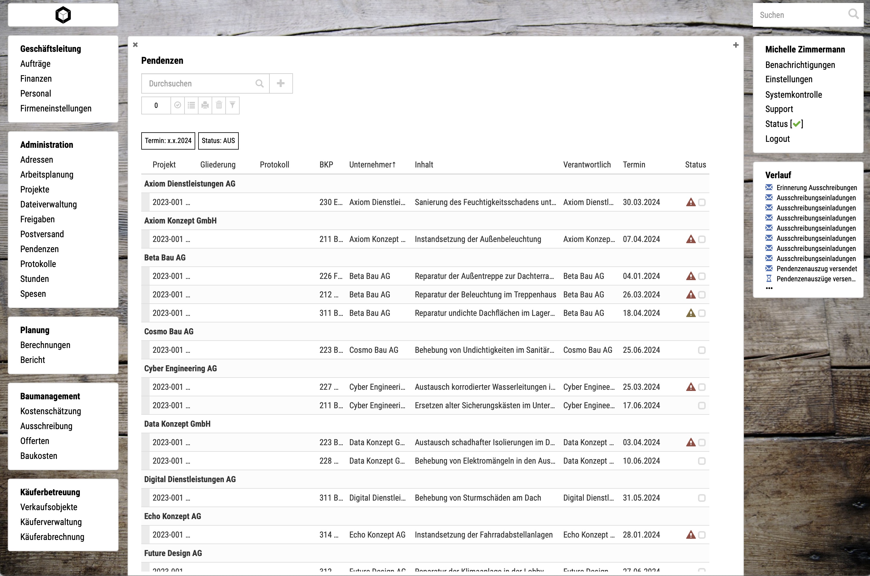 Screenshot Pendenzenverwaltung