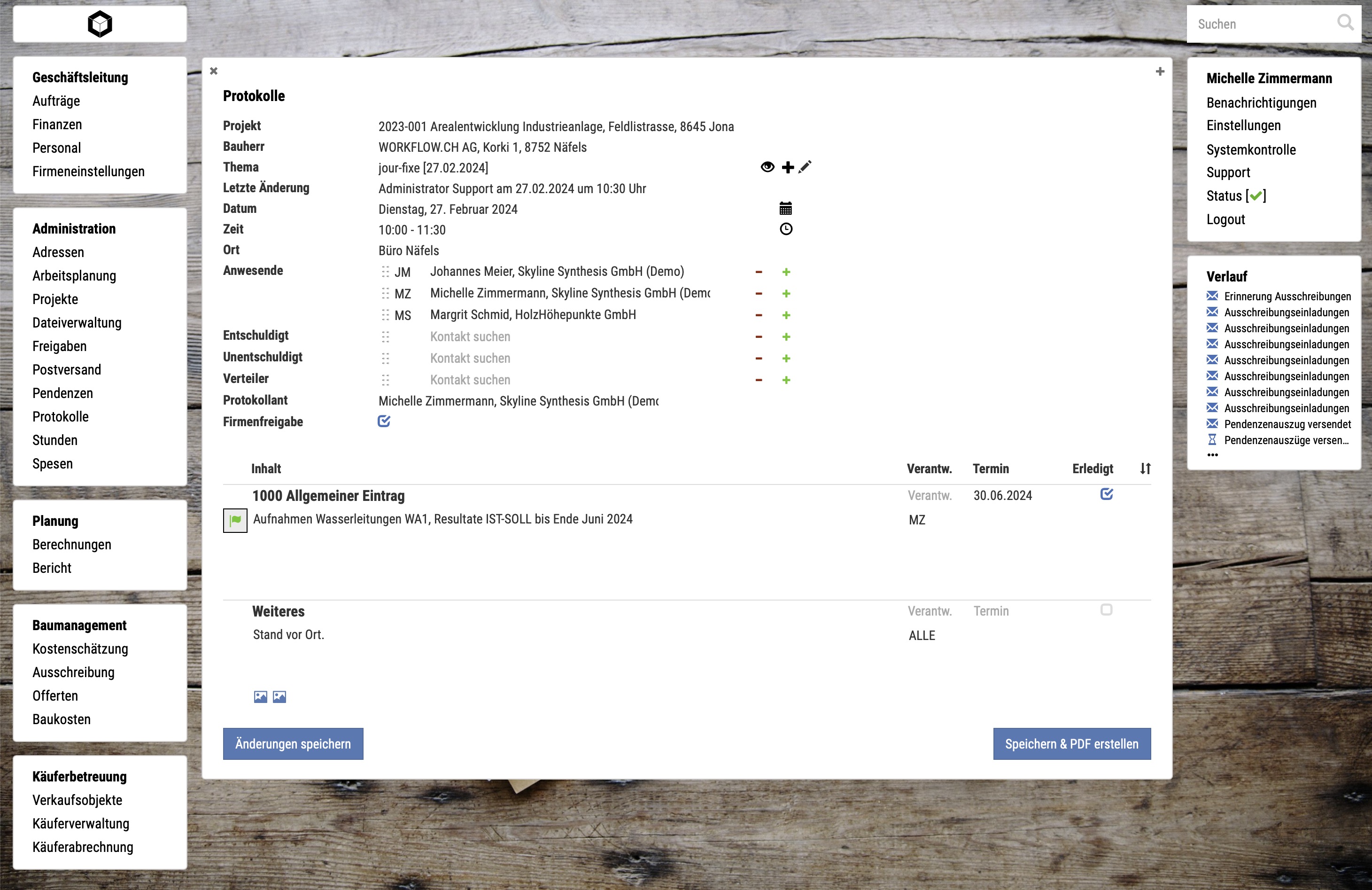 Screenshot Protokollführung
